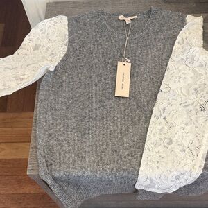 Rebecca Taylor Gray Sweater with Cream Lace Sleeves